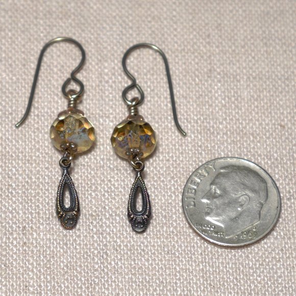 Hand Crafted Handmade Earrings Amber Czech Glass & Brass Petite Dangle E… - Picture 3 of 5